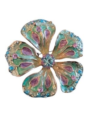 Vintage Floral Five-Petal Enamel Crystal Teal Purple Rhinestone Brooch